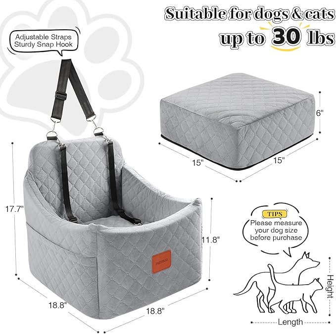 Dog Car Seat for Small/Medium Dogs up to 35 lbs, Memory Foam Pet Booster Seat with Detachable Washable Cover, Portable Pet Bed for Cars with Safety Belts and Storage Pockets(Grey, Medium)