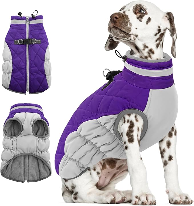 AOFITEE Dog Coat, Warm Dog Jackets for Small Dogs, Dogs Winter Coat with Harness Built in, Reflective Pet Winter Jacket, Waterproof Windproof Puppy Puffer Jacket Fleece Vest, Purple XS