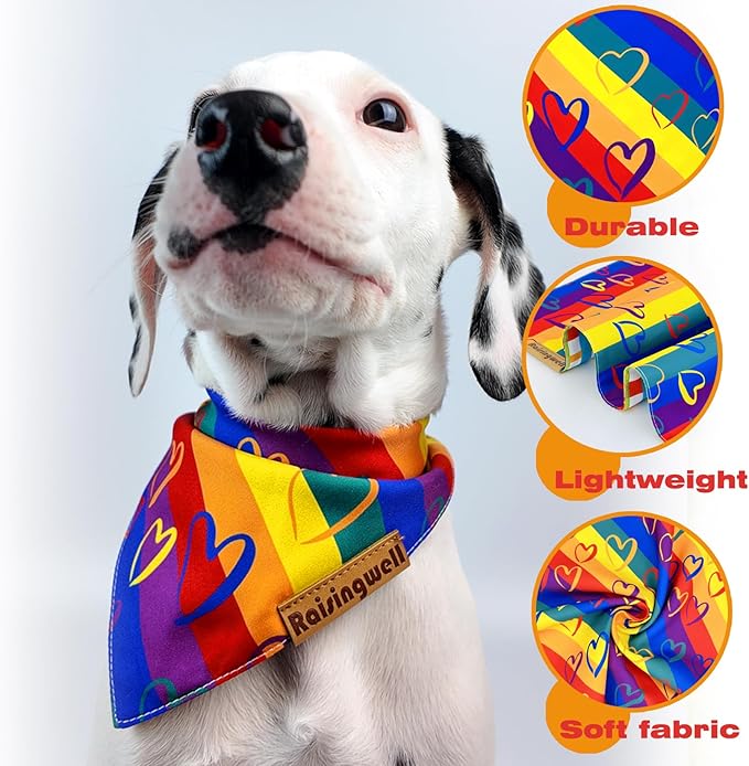 Pride Dog Bandanas 2 Pack, 4 Pattern Reversible LGBTQ+ Rainbow for Boy and Girl, Premium Long-Lasting Fabric, Summer Triangle Scarf for Medium to X-Large Breed Dogs (Large)