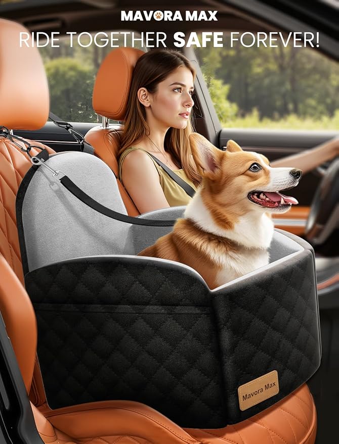 Dog Car Seat for Small/Medium Dogs, Elevated Dog Booster Seat Memory Foam Puppy Car Seat with Washable Cover, Travel Safety Pet Seat Bed for Car with Storage Pockets Up to 35 lbs (Black/Grey)