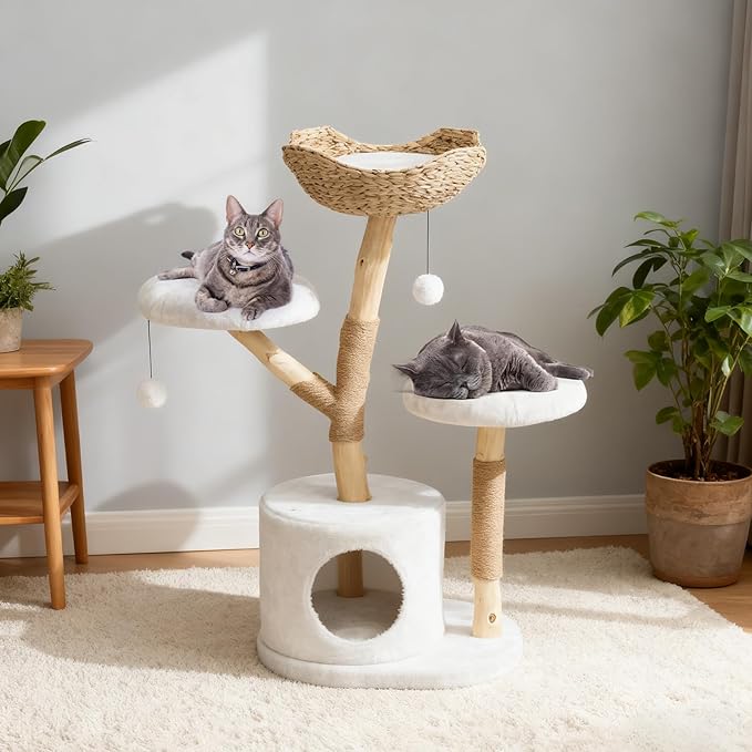 MOLACHI Modern Cat Tree Tower, 41in Tall Real Solid Wood Cat Tree for Indoor Big Cats, Plush Multi-Level Cat Condo with Sisal-Covered Scratching Posts, Dangling Ballor Fun Play, Ideal Pet Gift