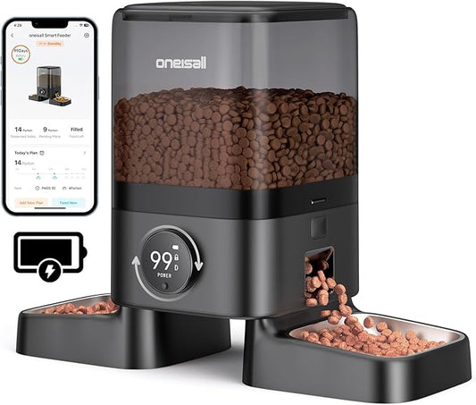 oneisall Cordless WiFi Automatic Cat Feeder for 2 Cats, Rechargeable 100-Day Battery Operated Auto Cat Feeder, 20 Cups/5L Timed Cats Food Dispenser Automatic for Large Kibble, Smart App Control.