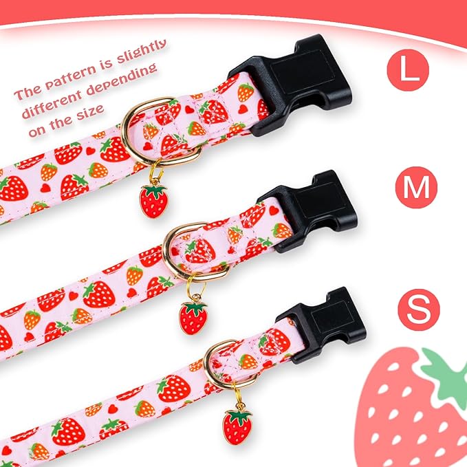 Cute Cotton Dog Collar for Small Medium Large Dogs Special Design Cute Pink Strawberry with Pendant for Girl Female Dogs Soft Adjustable Strawberry Puppy Collars for Girl Female Dogs Pet Collar