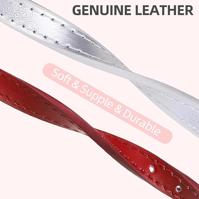 PUPTECK 2 PCS Soft Genuine Leather Cat Kitten Collar with Bells Adjustable for Girl Boy Cats Puppy - Red, Silvery