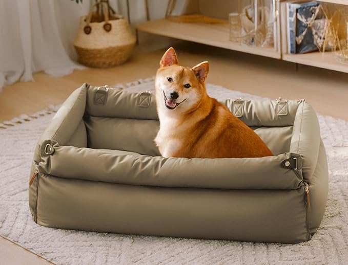 FUNNYFUZZY Dog Car Seat for Small Dogs, Waterproof Dog Car Bed with Storage Pocket, Safety Clip-On Dogs Leash, Detachable Portable Pet Carseat (Light Khaki, 37.4 * 16.5 * 17.7 inches)