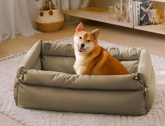 FUNNYFUZZY Dog Car Seat for Small Dogs, Waterproof Dog Car Bed with Storage Pocket, Safety Clip-On Dogs Leash, Detachable Portable Pet Carseat (Light Khaki, 37.4 * 16.5 * 17.7 inches)