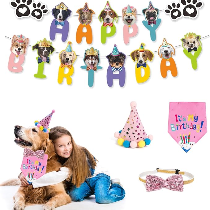Dog Boy Birthday Party Outfits,Birthday Hat, Bow Tie, Bandana, Happy Birthday Banner,Puppy Pet Theme Decorations Suit for Girl Golden Doodle Teddy Husky Labrador (4PCS Pink)