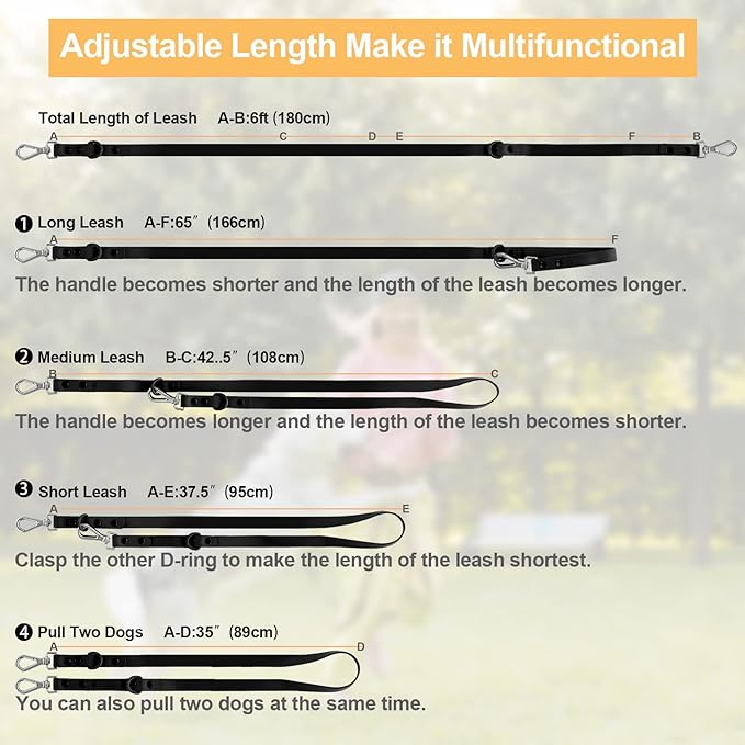 Wisedog Waterproof Dog Leash – 5ft/6ft Adjustable with 2 Hooks & Traffic Handle, Easy to Clean Double Clip Leash for Small, Medium, Large Dogs (Black L)