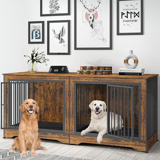 75 Inch Dog Crate Furniture for 2 Dogs, 3 in 1 Dog Crate TV Stand, Extra Large Double Dog Cage with Trays and Divider (Brown)