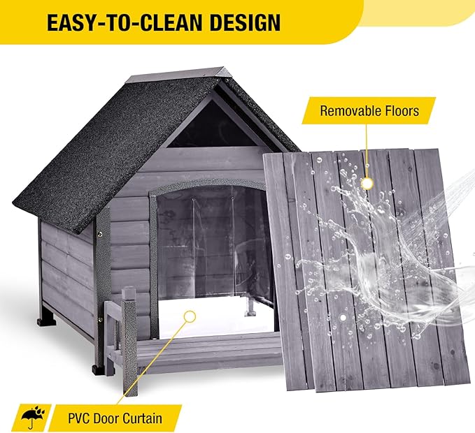 Dog House Outdoor Waterproof Dog Kennel for Small to Medium Size Dogs Doghouse Puppy Shelter with Elevated Floor for Winter (Grey-A, Medium)