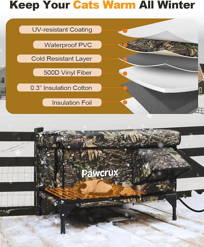 Weatherproof Heated Cat House for Outdoor in Winter, Heated Cat Bed Kitty Shelter with Cat Heating Pad, Insulated & Safe Escape Door, Warm House for Outside Stray Cat(Leaf Color, 12.6"x16.5"x16.9")