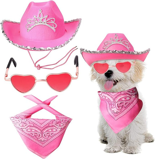 Yewong Pet Pink Cowboy Hat Costume Accessory Set Dog Cat Size Pink Cowgirl Princess Hat with Crown Tiara Bandana/Scarf Sunglasses for Cat Puppy Western Costume Daily Wearing Photo Props