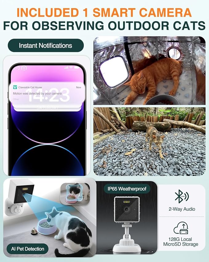 Indestructible Heated Cat House with Pet Camera for Outside Winter, 100% Waterproof, Escape Door, Insulated Outdoor Cat Shelter with Heater for Feral Barn Cat Kitty (Forest Green, 25.5"x16"x18")