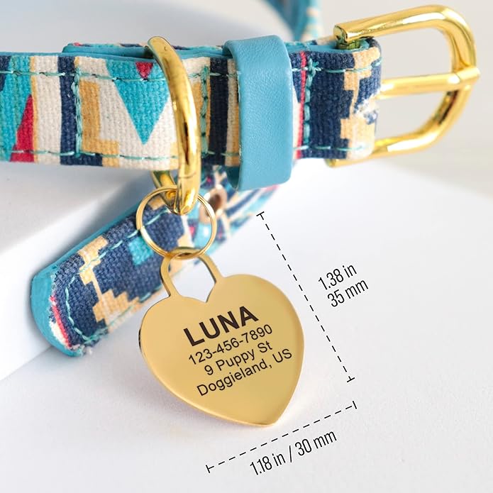 Custom Heart Shape Pet Tag ID, Personalized Gold Stainless Steel Cute Shiny Safety Lost Collar Tag for Boy & Girl Dogs Puppies Cats with Ring Laser Engraved SOS Customizable with Name, Phone, Address