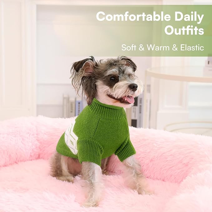 Queenmore Warm Dog Sweater, Soft Pet Knitwear, Knitted Pullover, Winter Pet Clothes for Small Medium Dogs Cats Green