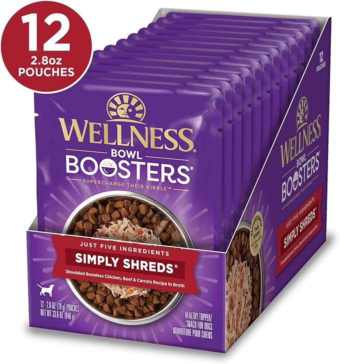Wellness Bowl Boosters Simply Shreds Wet Dog Food Topper for Small, Medium, & Large Breeds, Grain Free, Natural, Chicken, Beef & Carrots, 2.8 Ounce Pouch (Pack of 12)