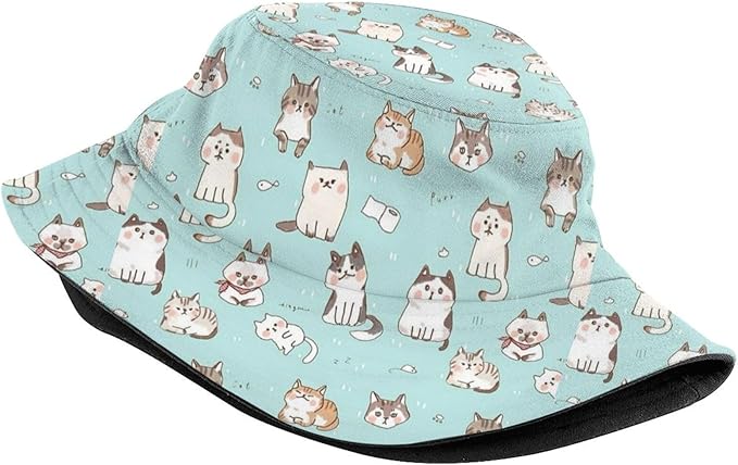 Cute Funny Cat Bucket Hats Fashion Sun Cap Packable Outdoor Animal Cat Fisherman Hat for Women and Men