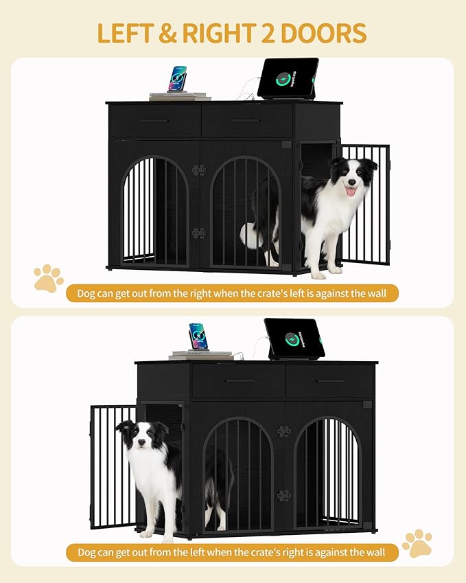 39.4'' Large Dog Crate Furniture with 2 Storage Drawers, Heavy Duty Dog Kennel Indoor with Charging Station, Wooden Dog Cage End Table Kennel for Medium/Large Dogs, Black DFC84204B