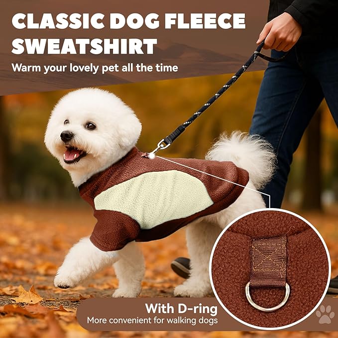 Small Dog Sweater with Leash Ring Soft Warm Fleece Fall Winter Dog Clothes Cute Cat Apparel Puppy Sweaters Classic Pullover Doggy Sweatshirts Chihuahua Costumes Cat Outfits(Brown,S)