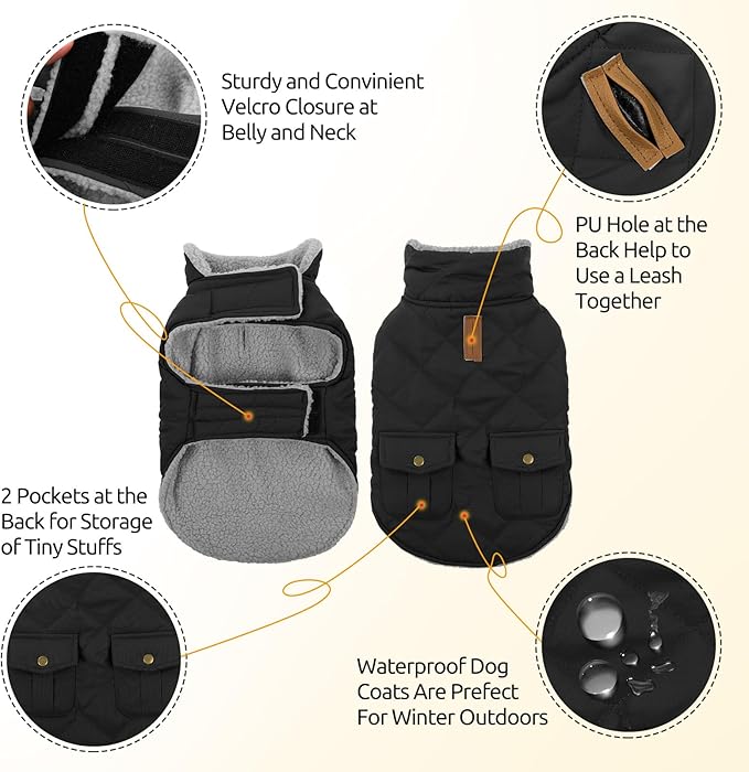 Queenmore Dog Winter Coat Warm Puffer Jacket Waterproof Plush Lining Thermal Cold Weather Vest for Small Medium Large Dogs, Windproof Easy On Pet Jacket Black S