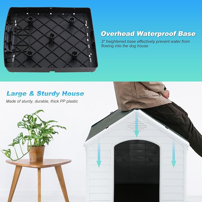 FDW Dog House Indoor Outdoor Durable Ventilate Waterproof Pet Plastic Dog House for Small Medium Large Dogs Insulated Puppy Shelter Kennel Crate with Air Vents and Elevated Floor