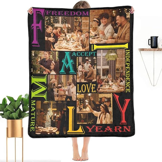 Custom Family Blanket, Customized Blankets with Photos, Personalized Souvenir Throws Blanket Gifts for Mother MOM DAD Grandpa Grandma Lover Family Household Always & Forever Made in USA
