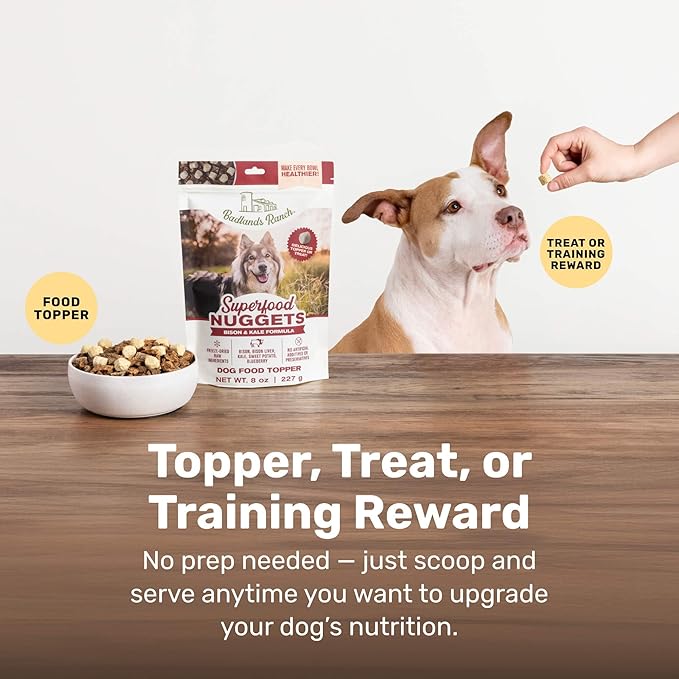 BADLANDS RANCH Superfood Nuggets – Freeze-Dried Raw Dog Treat & Food Topper, Nutrient-Dense Bison & Kale Formula, No Artificial Additives, 8oz Bags (4-Pack Bundle)