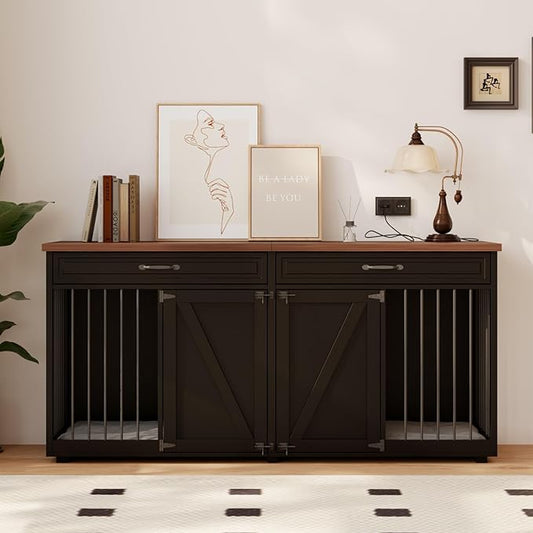 Dog Crate Furniture - Indoor Wooden Dog Kennel Furniture with 2 Drawers & Room Divider - 72" L x 23.6" W x 34" H - Black