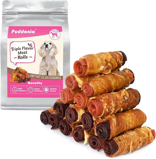 Dog Treats, Triple Flavor Chicken Duck Beef Meat Rolls, Rawhide Free Dog Snacks, Soft Treats for Small Dogs, 21.16 oz