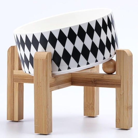 Petygooing Elevated/Raised 15°Slanted Ceramic Dog Bowl for Small and Medium Breeds, Tilted Anti Slip Pet Bowl,Food Water Dish with Stand for Cats and Dogs (28 OZ/3.6 Cups) Black Rhombus