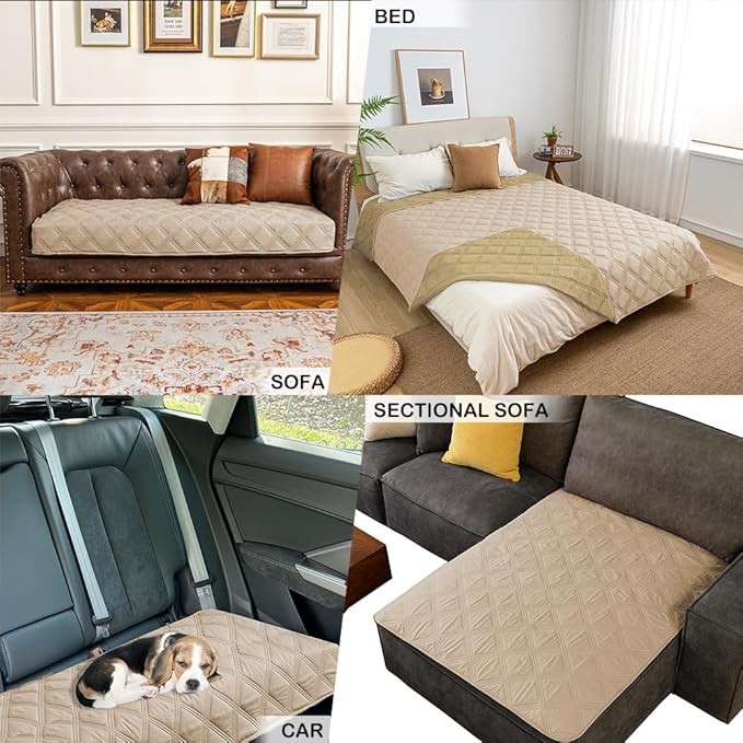 fuguitex Waterproof Dog Blanket Reversible for Small Dogs Resistant Leakproof Washable Couch Cushion Bed Protector Cover for Indoor Furniture Pet Friendly（52"*82",Beige+Taupe