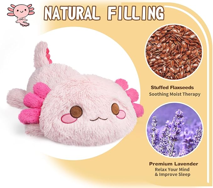 Cuckool Pink Axolotl Stuffed Animals, Microwavable Stuffed Animals Heating Pad for Cramps, Pain Stress Relief, Heatable & Coolable Lavender Scented Plush Toys for Anxiety, Women & Kids Bedtime