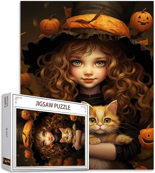Halloween Pumpkin Girl Jigsaw Puzzle Curly Brown Hair Doll Holding Cat 1000 Piece Jigsaw Puzzles for Adults Home Decor Family Puzzle Perfect for Game Nights Ideal Gift 20 x 27 Inch