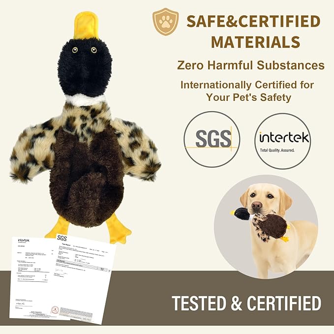 Duck Dog Squeaky Toy for Aggressive Chewers - No Stuffing Durable Plush with 4 Squeakers & Crinkle Wings, Chew Proof Puppy Toys for Small Medium Large Dogs (Black & Brown)