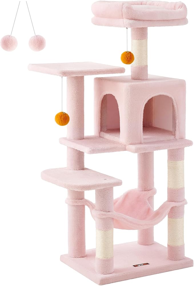 Feandrea Cat Tree, 44.1-Inch Cat Tower for Indoor Cats, Multi-Level Cat Condo with 4 Scratching Posts, 2 Perches, Hammock, Cave, Jelly Pink UPCT261P01