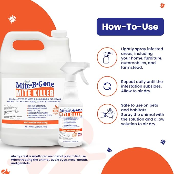 Mite Killer Spray by Mite-B-Gone — Kills Human Mites, Dust, Spider, Rat, Carpet & Bird Mites in Homes, Furniture, Bedding, Auto & On Animals | Non-Toxic | Kid & Pet Safe | 32oz Spray
