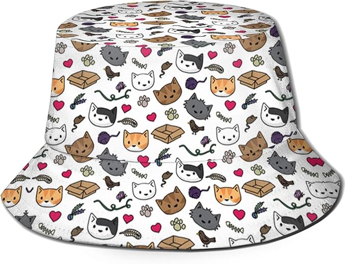 Funny Cute Cats Bucket Hats for Women Men Cartoon Pattern Fisherman Hat Packable Sun Hats