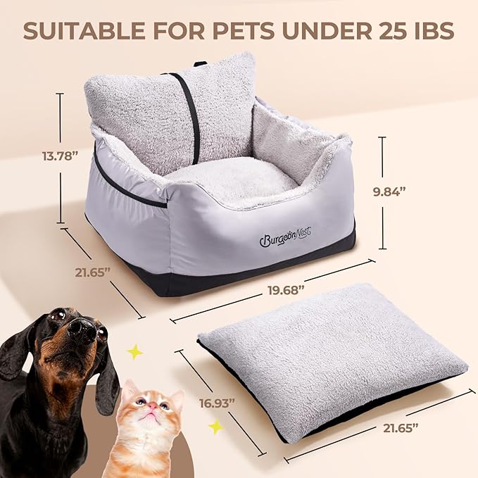 BurgeonNest Dog Car Seat for Small Dogs, Detachable and Washable Cat Carseats Under 25 lbs, Soft Pet Booster Seats with Storage Pockets and Clip-On Leash Portable Car Travel Carrier Bed, Black Grey