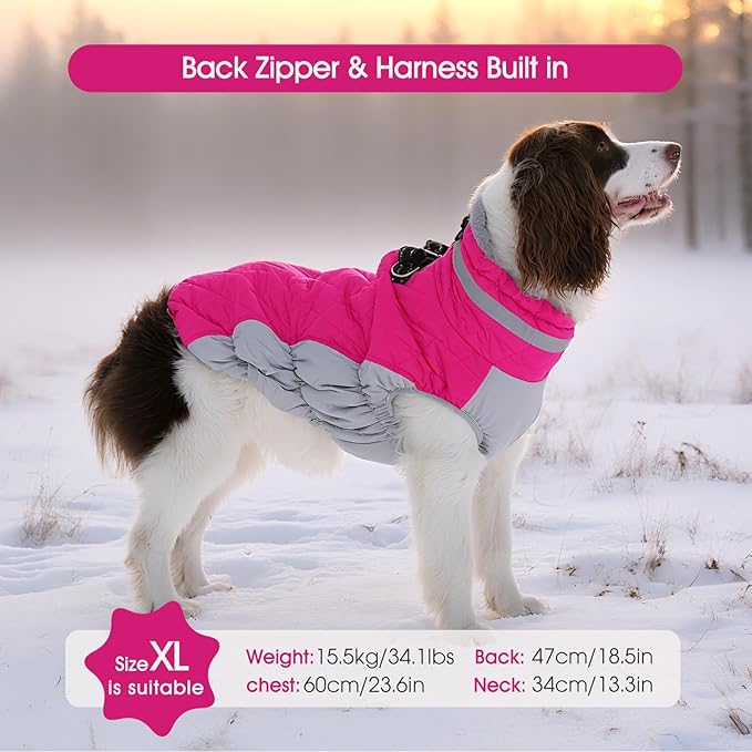 FUAMEY Dog Coat for Small Dogs,Waterproof Dog Winter Jacket with Harness Built in Puppy Cold Weather Coats Reflective Pet Vest with Zipper Warm Fleece Dogs Snowsuit Windproof Pink S