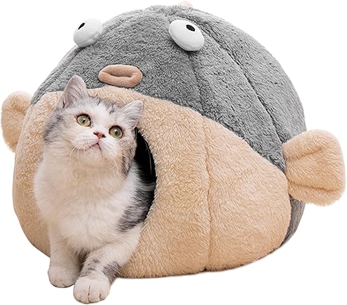 Cat Beds for Indoor Cats - Cat Bed Cave with Removable Washable Cushioned Pillow,2 in 1 Super Soft cat Tent for Kitten and Small Cats, Lively Pufferfish Animal-Shape & Furniture, Grey Multiple Sizes