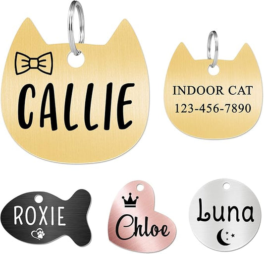 Ultra Joys Cat ID Tag Personalized Pet Tags, Durable Stainless Steel Small Pet Mini Dog Cat Tag Lightweight - Cathead Tag in Gold