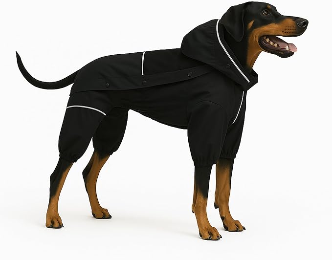 LOVELONGLONG Waterproof Dog Raincoat with Removable Hood – Outdoor Full Body Dog Jacket, Windproof Snowproof Shell Suit – All Season Pet Rain Gear Black XXL