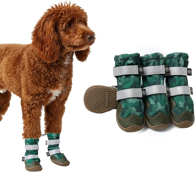 Spark Paws Dog Shoes, Waterproof Dog Boots for Medium to Large Dogs, Non Slip, Breathable Dog Booties and Paw Protectors - 4PCS Doggie Hiking Boots with Reflective Straps, Green Camo, Size 3