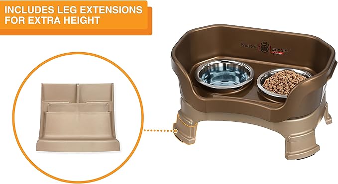 Neater Feeder Deluxe Mess Proof Dog Bowls Elevated for Small Breeds – Made in USA – No Spill Raised Dog Food Bowl Stand w/Leg Extensions – Stainless Steel Dog Food and Water Bowl Set – Bronze
