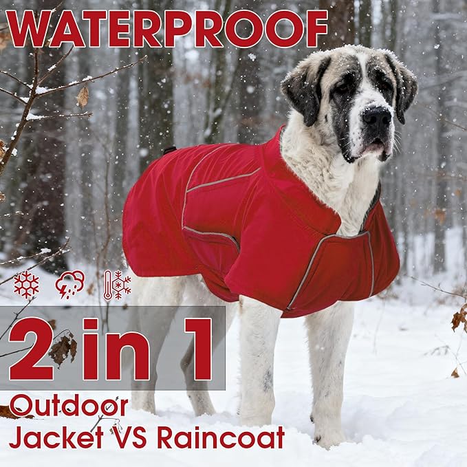 ROZKITCH Dog Winter Coat, Waterproof Raincoat Jacket with Fleece Liner and Leash Hole, Windproof Rain Jacket with Reflective Strip for Medium, Adjustable Poncho Vest for Outdoor Hiking Travel Red L