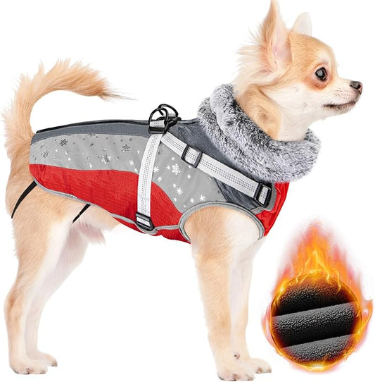 SlowTon Dog Jacket with Harness Built in - Waterproof Fleece Winter Warm Dog Coats for Small Medium Dogs, Reflective Adjustable Furry Puppy Vest Clothes for Outdoor Walking (Red & Black,XS)