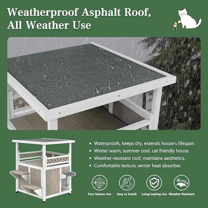 PetsCosset Outdoor Cat House 2 Story Wooden Houses for Outside Feral Cats Weatherproof Indoor Cat Condo with Large Balcony 2 Escape Doors to Enhanced Safety, Easy Slide Bottom, Simple Assembly