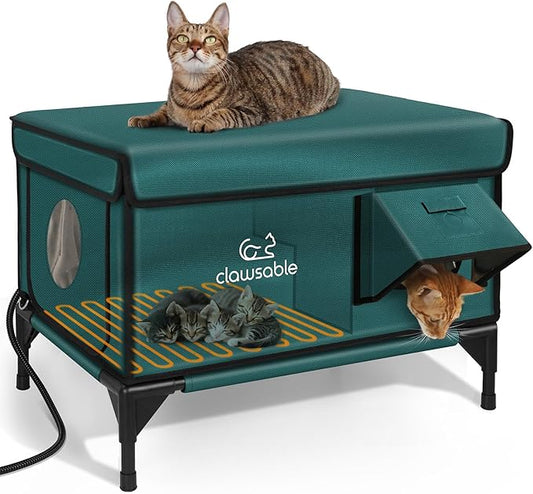 Indestructible Heated Cat House for Outside Winter, 100% Waterproof, Safe Escape Door, Insulated Outdoor Cat Shelter with Heater for Feral Barn Cat Kitty (Forest Green, 26"x16"x18")