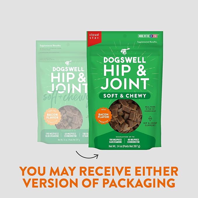 DOGSWELL Hip & Joint Soft & Chewy Dog Treats, Bacon, 14 oz. Pouch