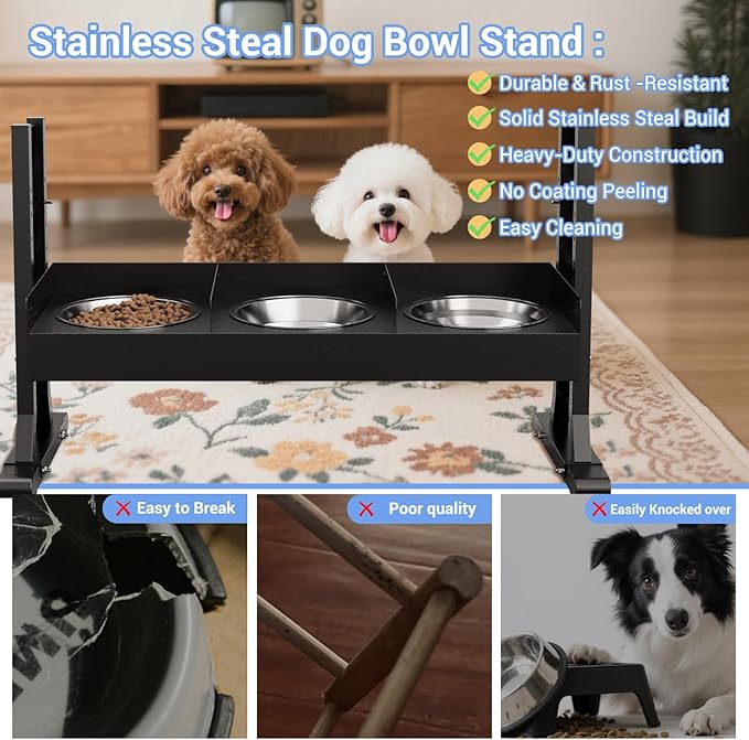 Triple Elevated Dog Bowls Stand for Multiple Dogs,8 Height Adjustable Tilted Raised Dog Bowl Stand with 3 Stainless Steel 1.3L(44oz) Bowls, 21.9" Tall Pet Feeding Station for Large Breed Dogs